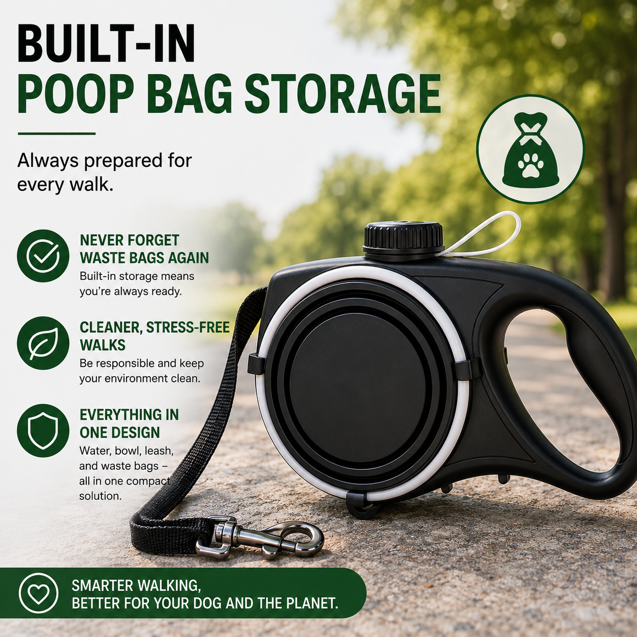 PawsSource Dog Leash with Built-In Poop Bag Storage, Water Bottle and Collapsible Bowl for Convenient and Stress-Free Walks