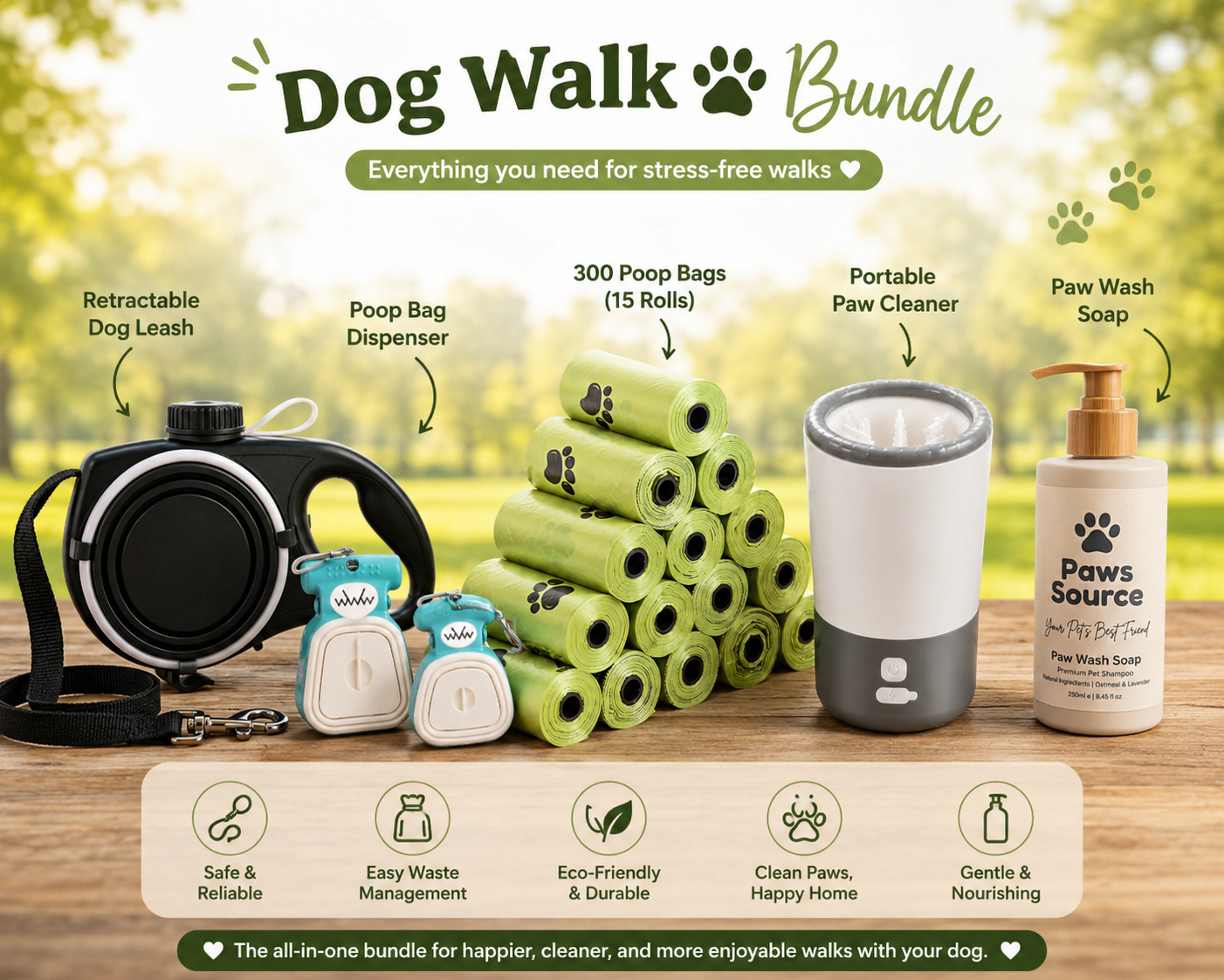 PawsSource Dog Walk Bundle - Multifunction Leash, Paw Cleaner, Poop Scooper, Poop Bags and Paw Soap Complete Set