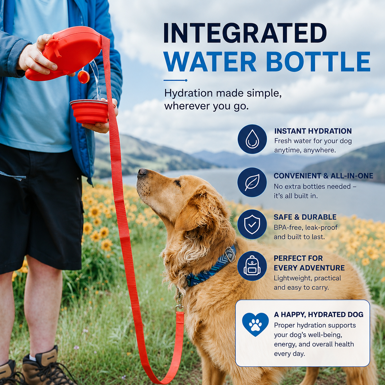 PawsSource Dog Leash with Integrated Water Bottle and Collapsible Bowl Providing Fresh Hydration During Walks, Hiking and Outdoor Adventures