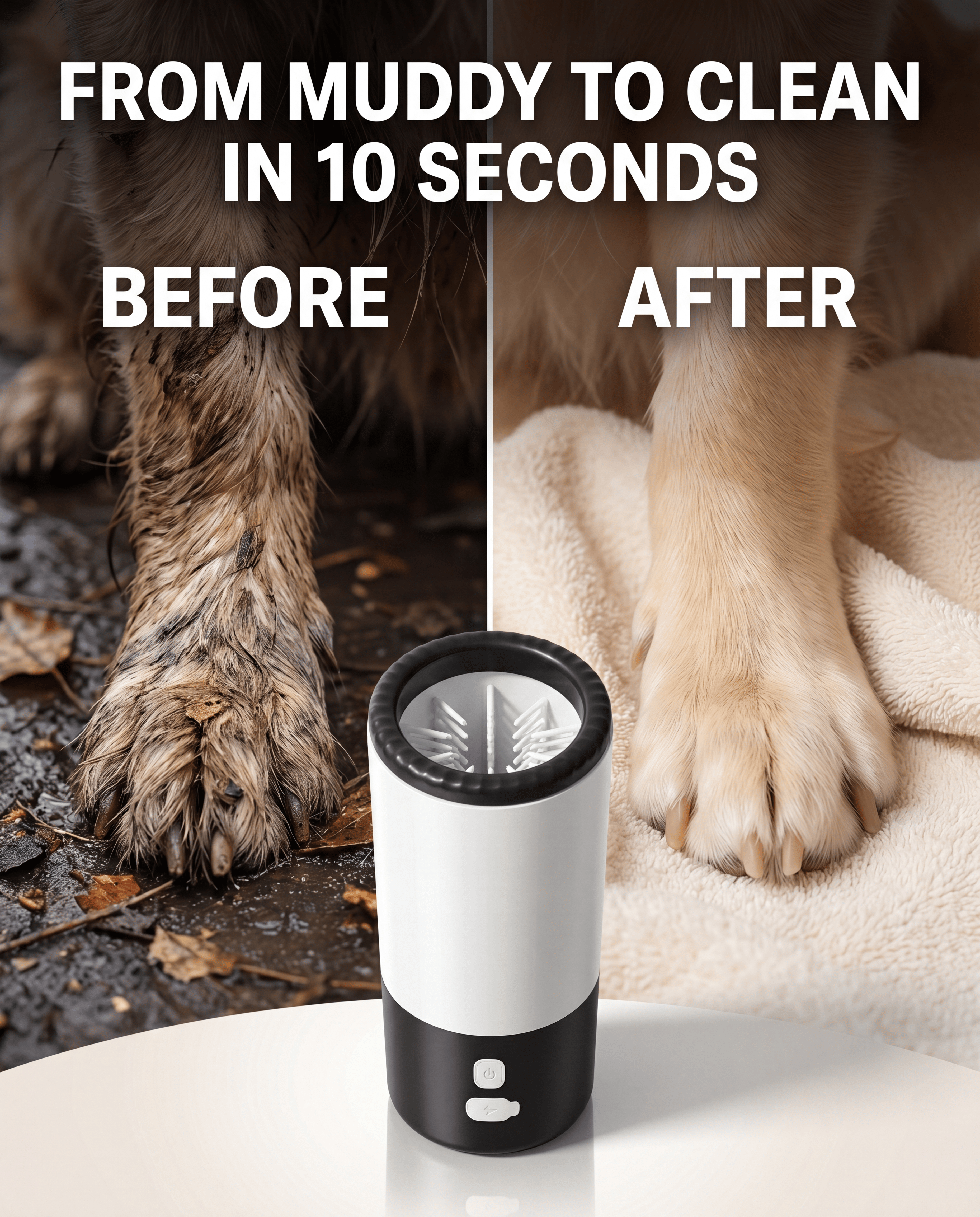 Before and after comparison showing a muddy dog paw transformed into a clean paw using the PawsSource rechargeable paw cleaner.
