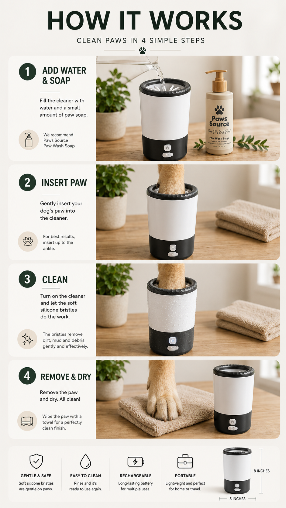 How it works infographic showing the PawsSource rechargeable dog paw cleaner in four simple steps: add water and paw soap, insert your dog’s paw, activate the cleaner to remove dirt and mud with soft silicone bristles, then remove and dry the paw. Includes product features such as gentle cleaning, rechargeable battery, easy maintenance, portability, and product dimensions of 8 inches by 5 inches.