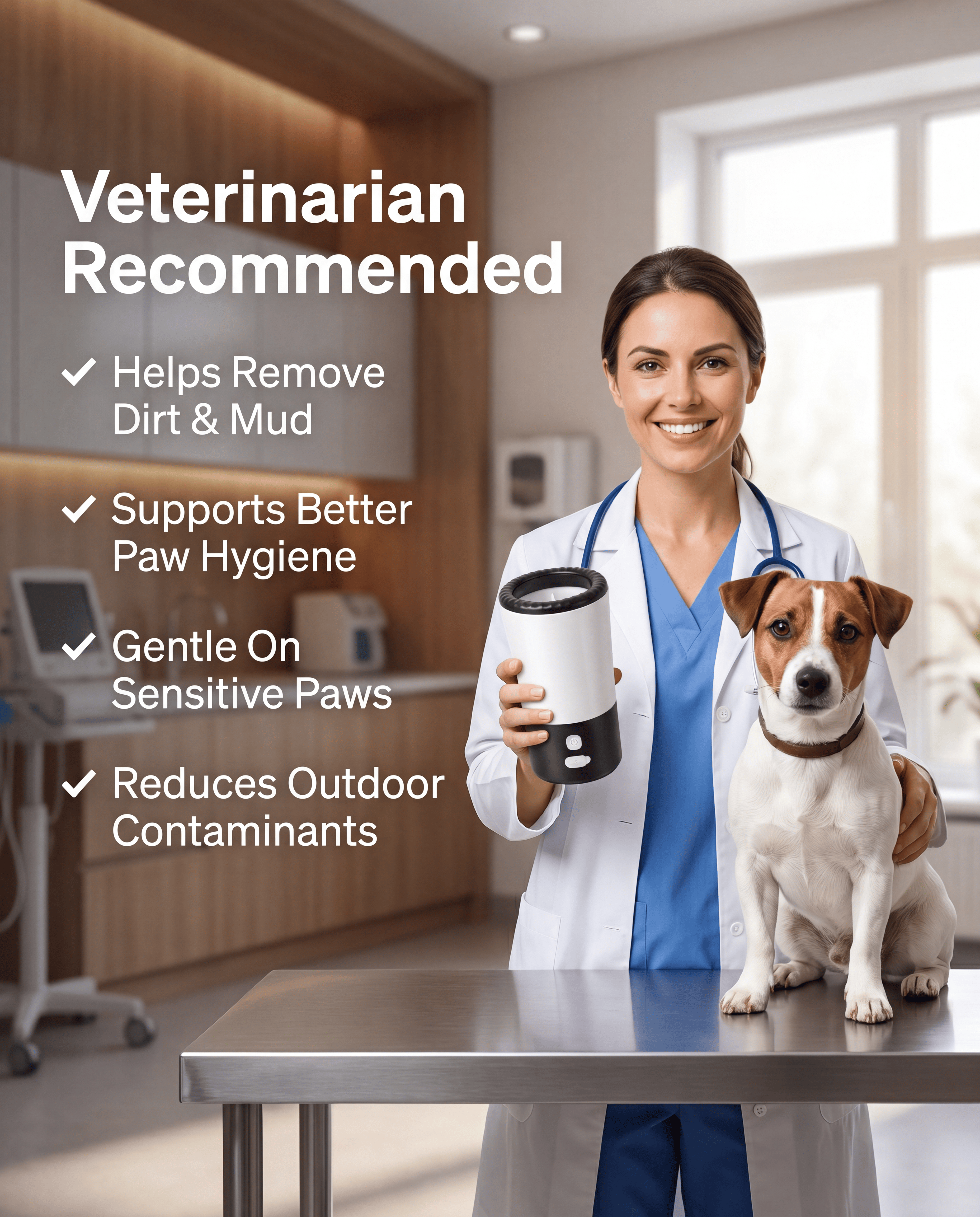 Veterinarian holding the PawsSource paw cleaner beside a dog, highlighting paw hygiene, gentle cleaning, and removal of dirt and outdoor contaminants.