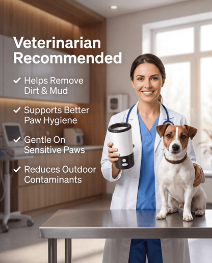 Veterinarian holding the PawsSource paw cleaner beside a dog, highlighting paw hygiene, gentle cleaning, and removal of dirt and outdoor contaminants.