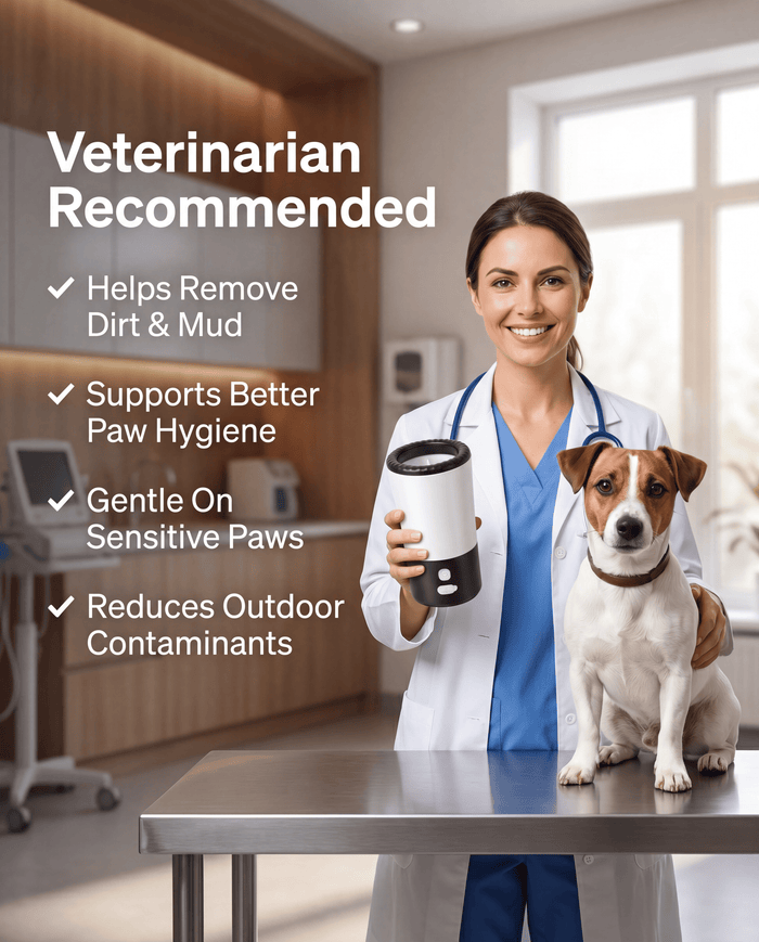 Veterinarian holding the PawsSource paw cleaner beside a dog, highlighting paw hygiene, gentle cleaning, and removal of dirt and outdoor contaminants.