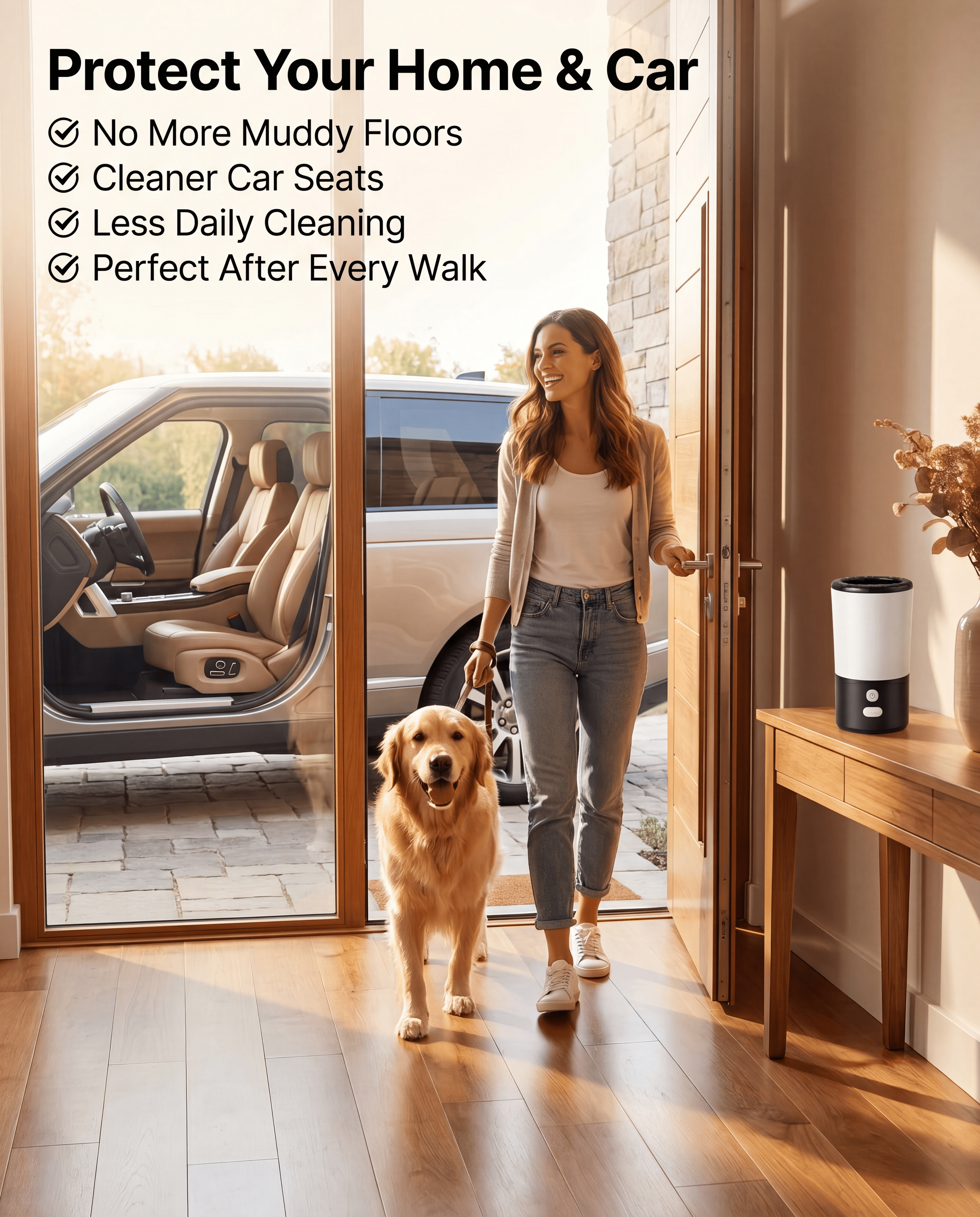 Dog entering a clean home after a walk with the PawsSource paw cleaner helping prevent muddy floors, dirty car seats, and paw prints indoors.