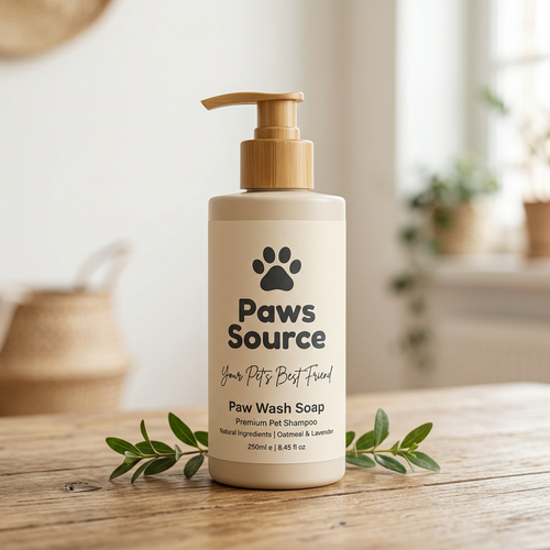 PawsSource Paw Wash Soap bottle — gentle natural shampoo with oatmeal and lavender for dogs and cats