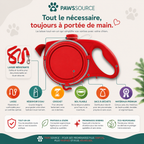 PawsSource multifunction dog leash with integrated water bottle, collapsible water bowl, waste bag storage compartment and durable leash, designed for convenient dog walks, hiking and outdoor adventures.