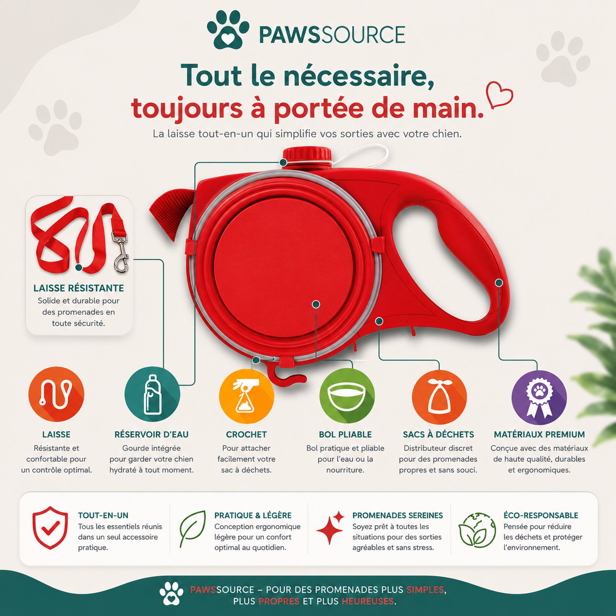 PawsSource multifunction dog leash with integrated water bottle, collapsible water bowl, waste bag storage compartment and durable leash, designed for convenient dog walks, hiking and outdoor adventures.