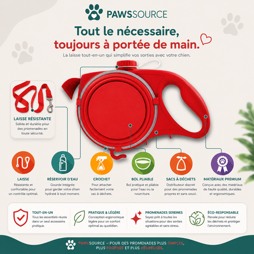 PawsSource multifunction dog leash with integrated water bottle, collapsible water bowl, waste bag storage compartment and durable leash, designed for convenient dog walks, hiking and outdoor adventures.