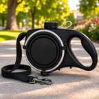 PawsSource Black Dog Leash with Built-In Water Bottle, Collapsible Bowl and Waste Bag Storage for Walking, Hiking and Outdoor Adventures