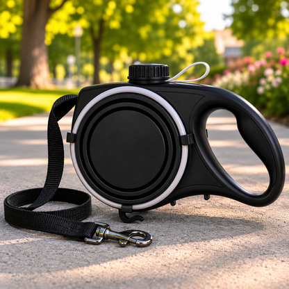 PawsSource Black Dog Leash with Built-In Water Bottle, Collapsible Bowl and Waste Bag Storage for Walking, Hiking and Outdoor Adventures