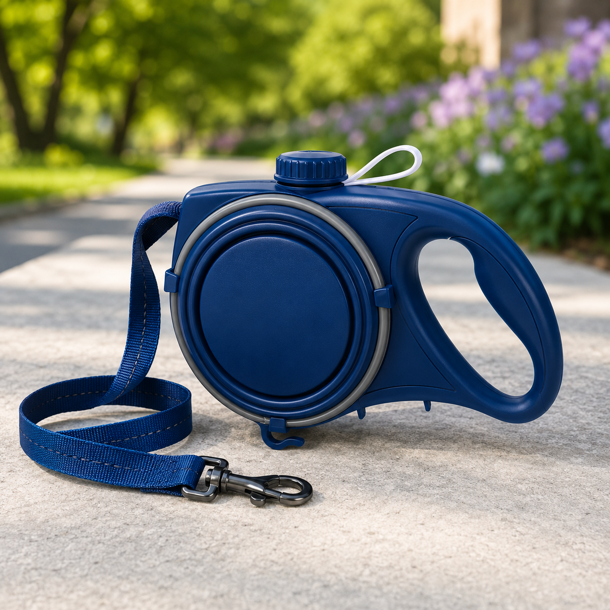Ocean blue PawsSource multifunction dog leash with integrated water bottle, collapsible bowl, waste bag storage compartment and durable leash, displayed outdoors in a park setting.