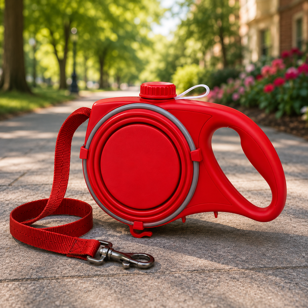 PawsSource Red Dog Leash with Built-In Water Bottle, Collapsible Bowl and Waste Bag Storage for Walking, Hiking and Outdoor Adventures
