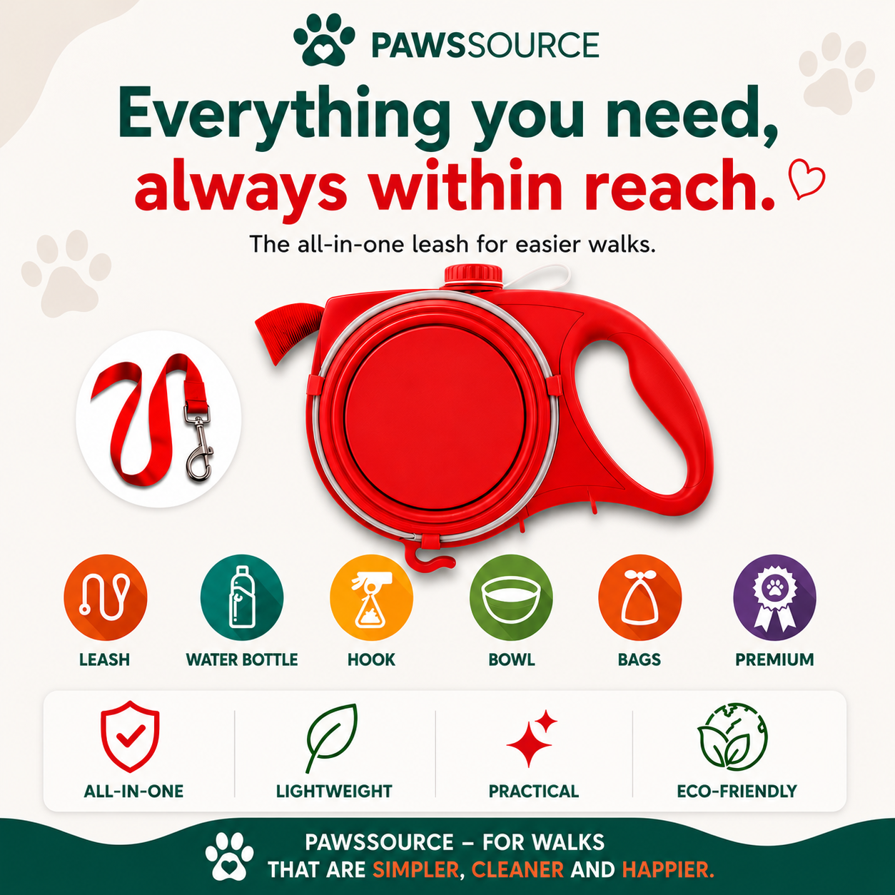 PawsSource Dog Walking Leash 2 Pack with water bottle, collapsible bowl and waste bag storage