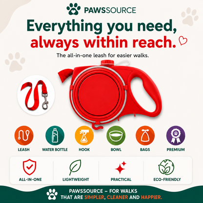 PawsSource Dog Walking Leash 2 Pack with water bottle, collapsible bowl and waste bag storage