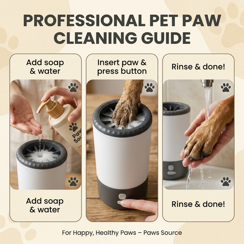 3-step tutorial: how to use PawsSource Paw Wash Soap with the Electric Paw Cleaner — add soap, insert paw, press button, rinse