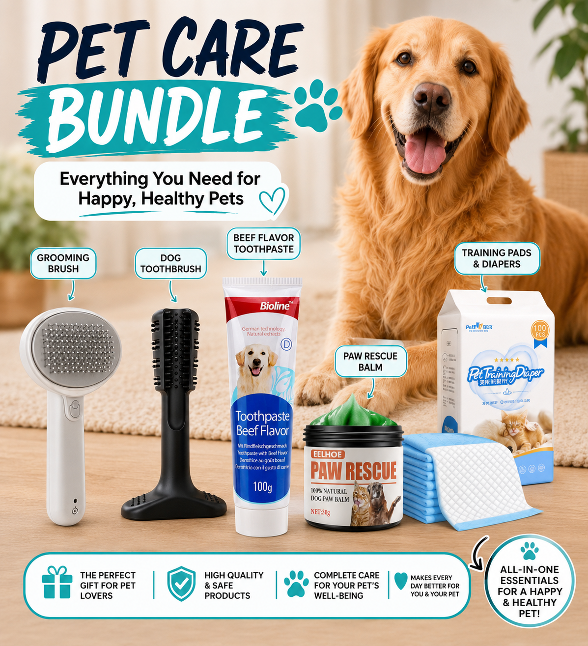 PawsSource Pet Care Bundle - Grooming Comb, Paw Balm, Dog Toothbrush, Toothpaste and Diapers Pads Set