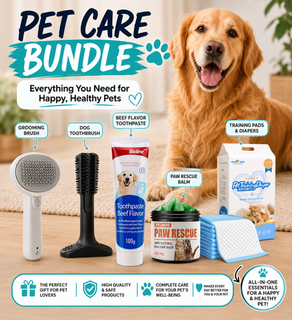 PawsSource Pet Care Bundle - Grooming Comb, Paw Balm, Dog Toothbrush, Toothpaste and Diapers Pads Set