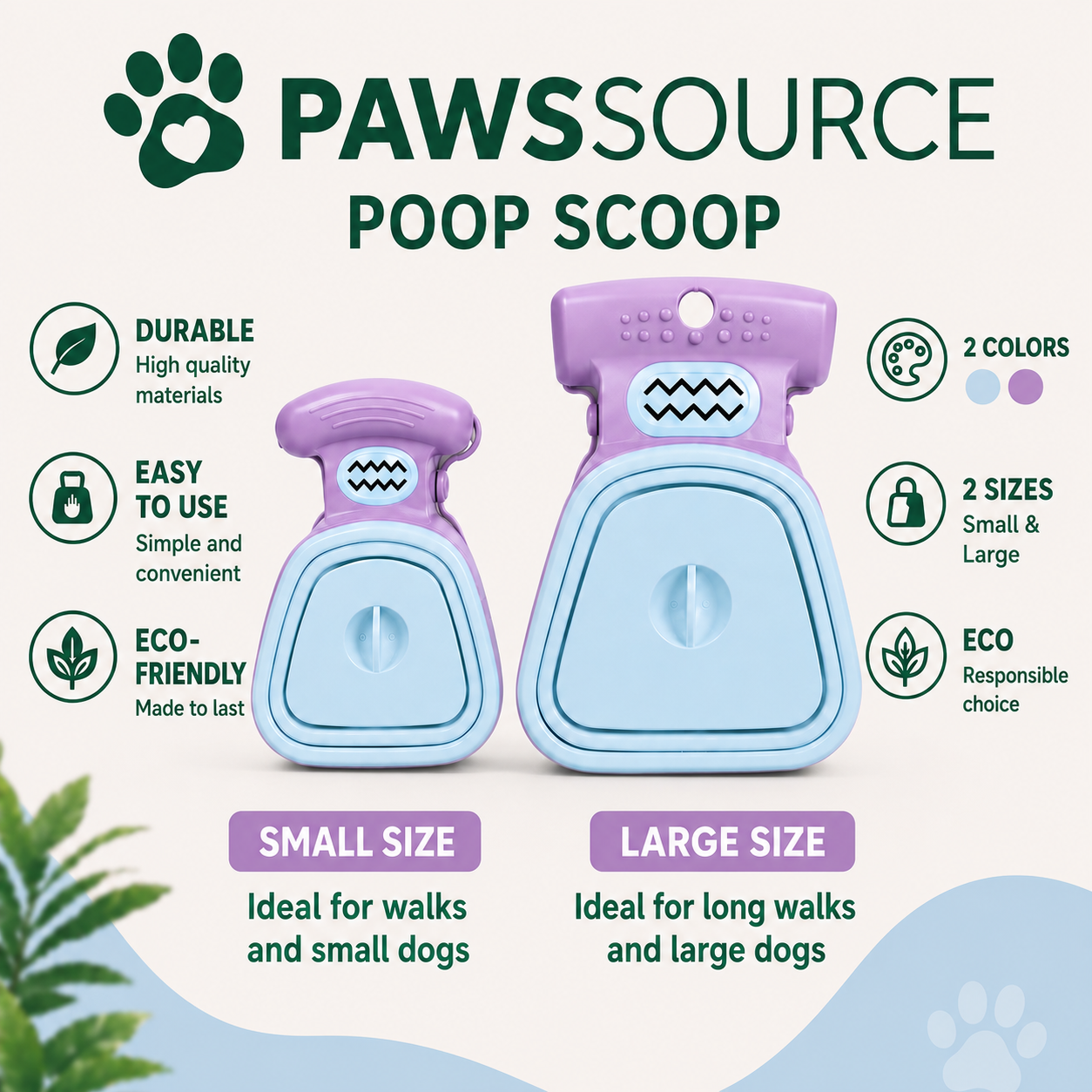 PawsSource Portable Dog Poop Scoop – Small & Large Sizes in Powder Blue and Lavender for Easy Outdoor Cleanup