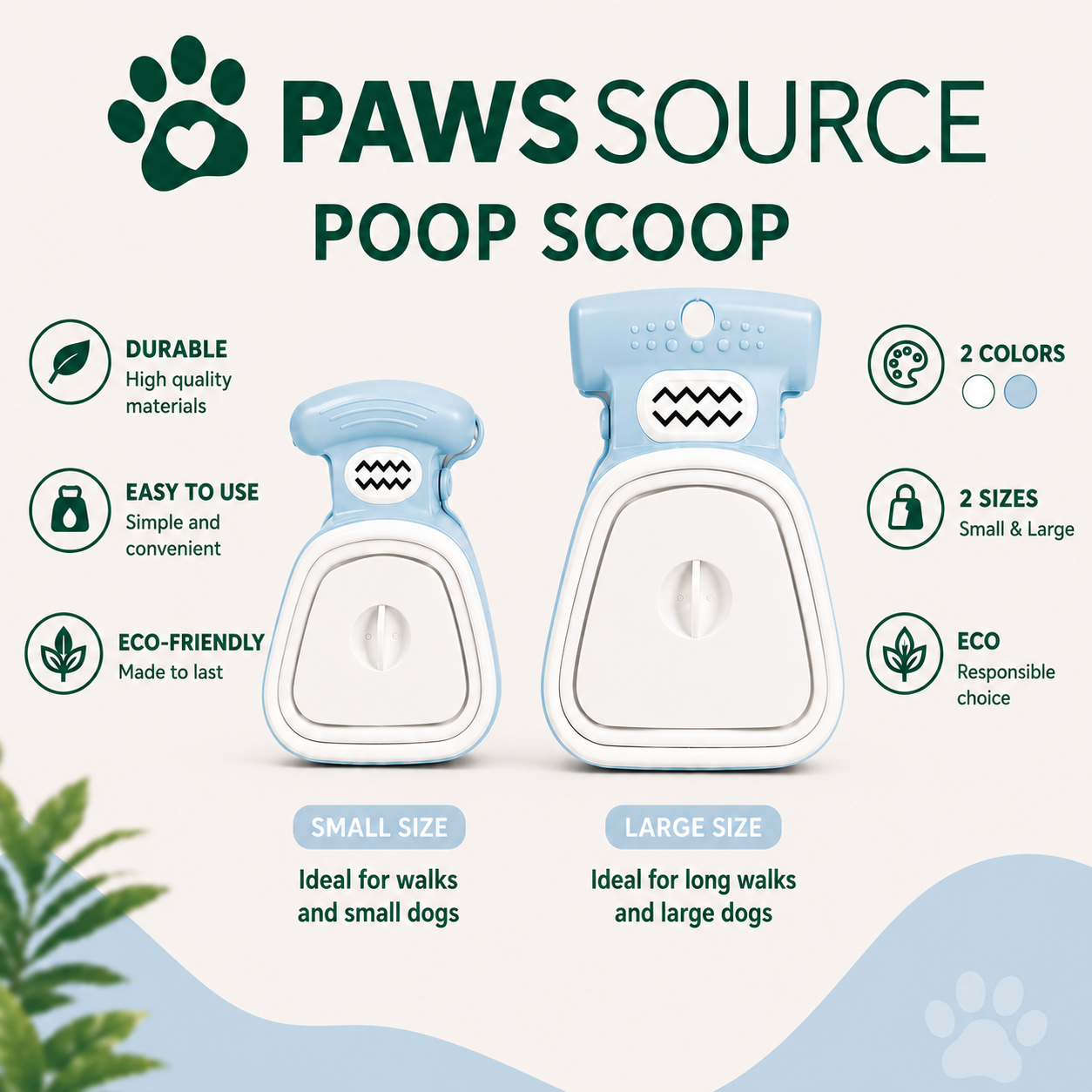 PawsSource Portable Dog Poop Scoop – Small & Large Sizes Available, Foldable Pet Waste Picker in Powder Blue and White